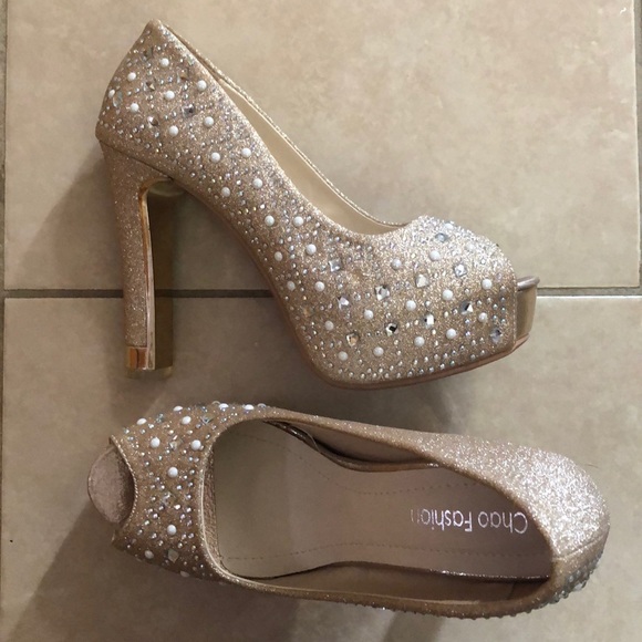 Shoes - Gold Heels with Rhinestones